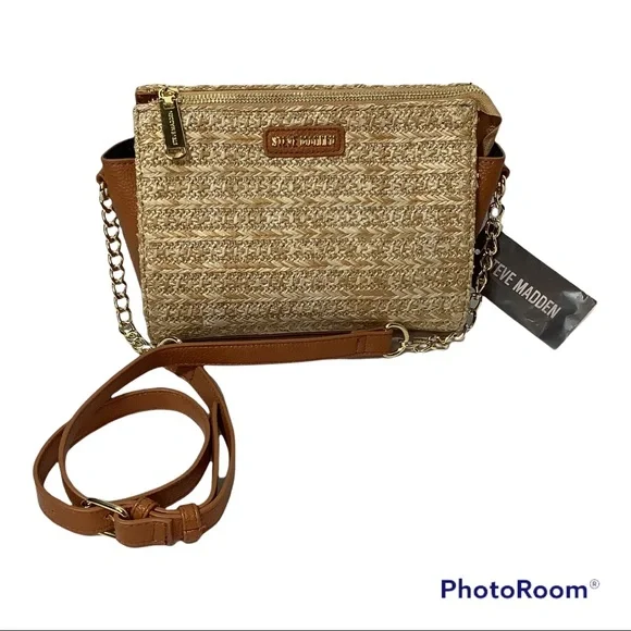 Steve Madden Crossbody Bag Straw Purse Natural Lexi Seasonal Brown Tan Gold - Picture 2 of 13